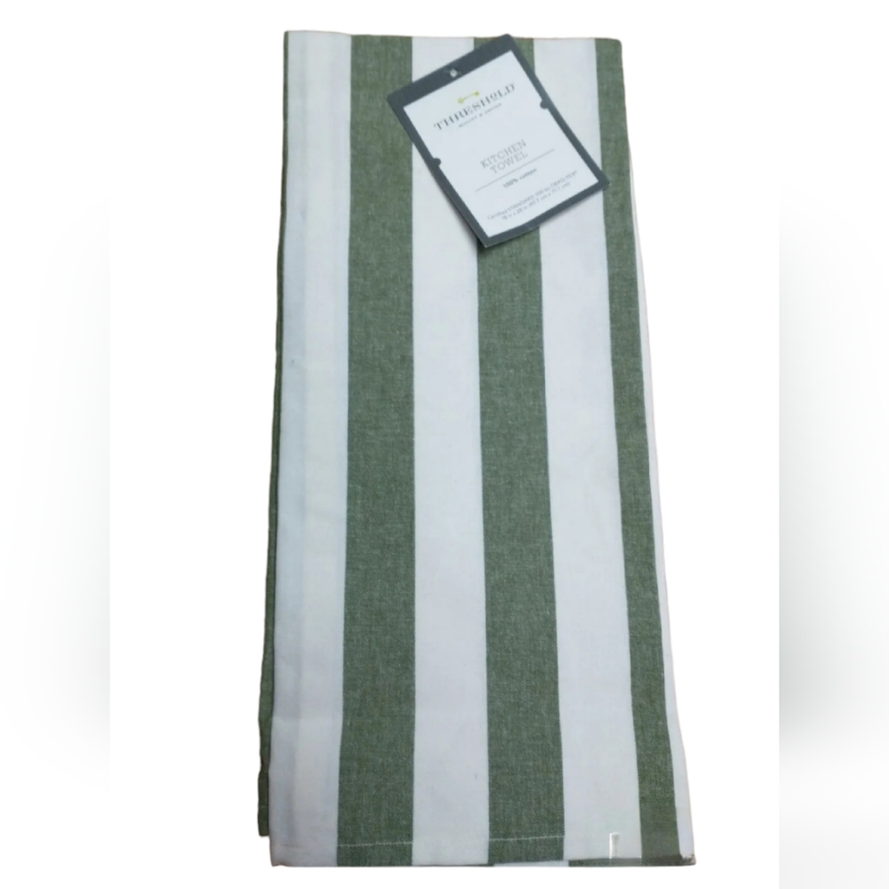 Threshold Kitchen Towel 100% Cotton Green & White Striped 18”x 28”